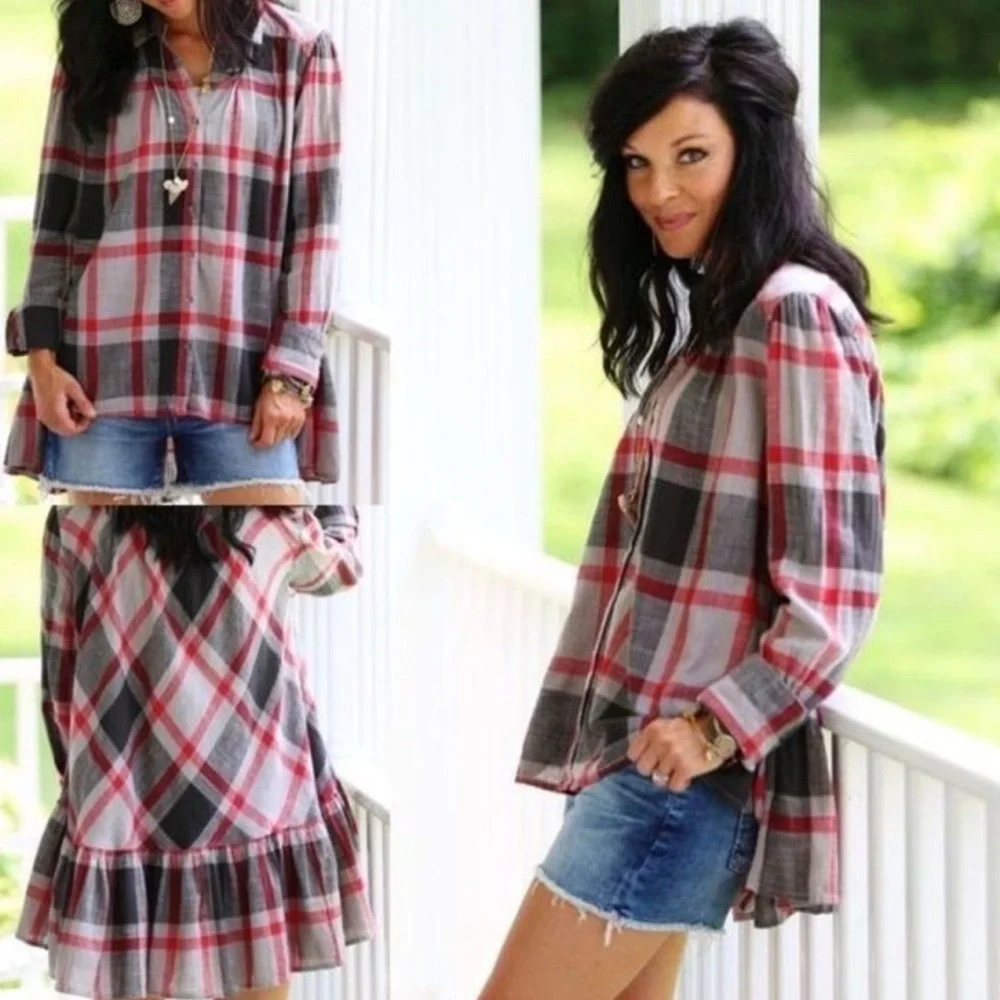Anthropologie Free People “Preppy in Plaid” Ruffle  Hem Button Down Top B#1